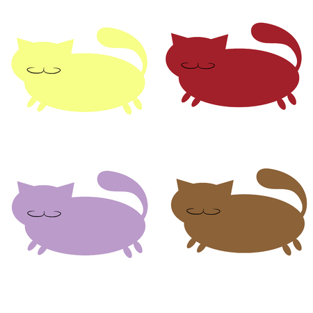 A set of silhouette icons of thick, multi-colored cats with a mustache, on a white background. Vector illustration.のイラスト素材