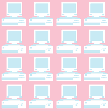 Pattern of blue and white, old, vintage, retro, hipster computers with convex monitors and floppy on a pink background.のイラスト素材