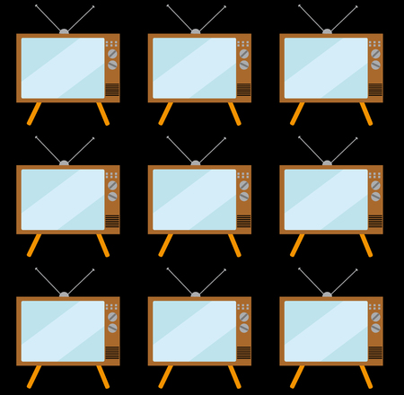 Pattern of brown, old, vintage, retro, hipster TVs with convex picture tubes on a stand with an antenna on a black background. Vector illustration.のイラスト素材