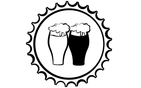 Two beer glasses with dark and light beer on the background of a beer cork. Black and white drawing. in the Vector illustration. Logo for a bar, beer bottle.のイラスト素材
