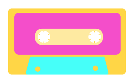 Blue, yellow, purple, antique, old, vintage, retro, hipster, musical audio cassette from the 80's, 90's on a white background. Vector illustration.のイラスト素材