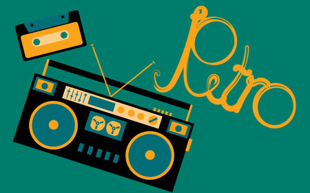Old, vintage, retro, hipster, antique, cassette audio tape recorder and audio cassette from the 80's, 90's with an inscription retro on a dark green background. Vector illustration.のイラスト素材