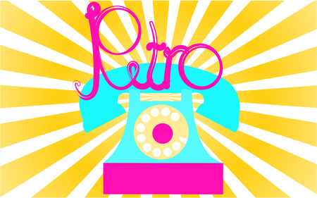 Retro, old, antique, hipster, vintage, ancient, disk, turquoise phone with a tube with a retro inscription written in beautiful violet letters against a background of yellow rays. Vector illustration.のイラスト素材