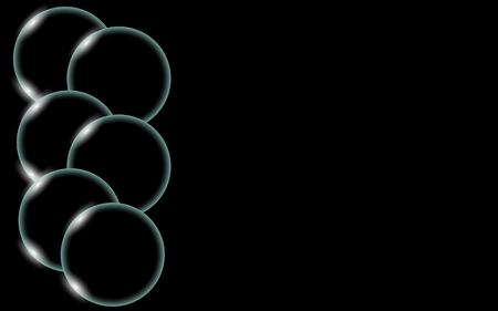 Transparent abstract shiny beautiful and convex smooth three-dimensional simple balls, bubbles, egg circles with glare of light located on the side of a black background and place for a simple text. Vector illustration.のイラスト素材