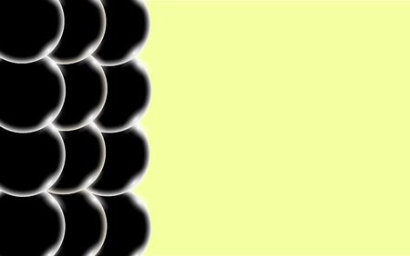 Black abstract shiny beautiful and convex smooth three-dimensional simple balls, bubbles, circles with glare of light on a yellow background and space for a simple text. Vector illustration.のイラスト素材