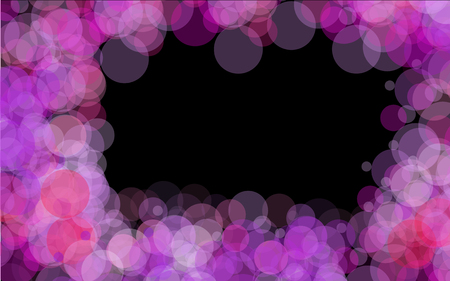 A frame of purple bright transparent abstract shiny beautiful light spots with a bokeh effect with glare of light located around on a black background and space for a simple text. Vector illustration.のイラスト素材