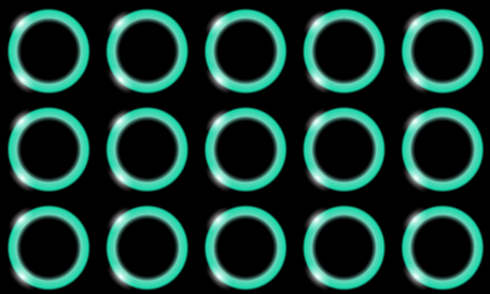 A pattern of blue neon light abstract shiny bright beautiful rings, balls, circles with glare of light on a white background. Vector seamless illustration.のイラスト素材