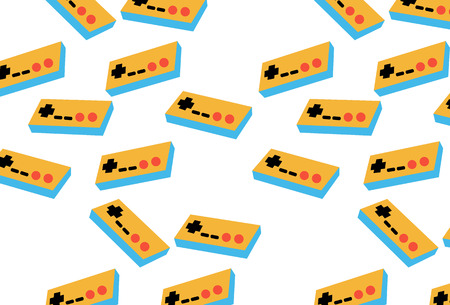 A pattern of yellow and blue old retro vintage hipster joysticks, manipulators, consoles from the 80's, 90's for a game console for video games on a white background. Vector seamless illustrationの写真素材