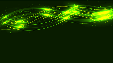 Green transparent abstract shiny magical cosmic magical energy lines, rays with highlights and dots and light shines with waves on a green background from above. Vector illustration.のイラスト素材