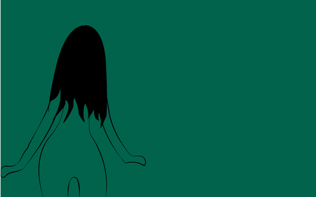 A thin, frail little tender girl with a beautiful slender figure turned with her back with long hair painted with black lines on a green background. Vector illustrationのイラスト素材
