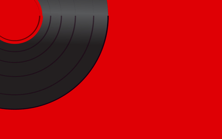 Black iridescent vinyl musical analogue retro old antique hipster vintage gramophone record with a red center for a gramophone on a red background in the left corner. Vector illustrationのイラスト素材