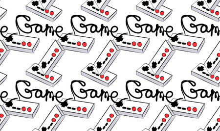 A pattern of old white retro vintage antique hipster joysticks for video game consoles and an...
