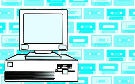 Old retro vintage antique hipster obsolete stationary personal computer with a system unit and a...