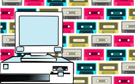 Old retro vintage antique hipster obsolete stationary personal computer with a system unit and a flop from below on a background of multicolored music audio cassettes. Vector illustrationのイラスト素材