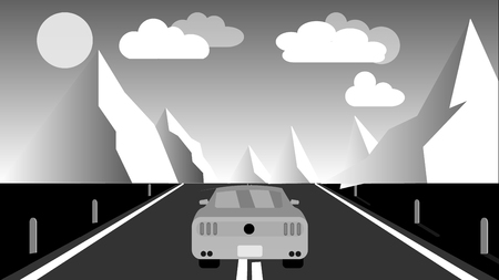 Black and white sports fast beautiful powerful car rides along the road against a background of a mountain winter landscape and evening clouds and copy space. Vector illustrationのイラスト素材