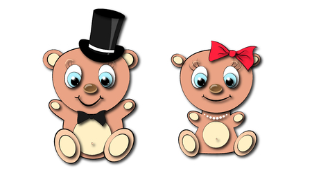 Two cute, beautiful, brown bear girl and boy with big head and blue eyes in a cylinder and bow tie, bow and pearl necklace with shadow on white background. Vector illustration.のイラスト素材