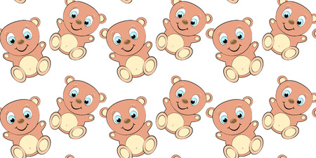 Pattern of a cute, beautiful, smiling, kind, childish, brown bear boy with a big head and blue eyes on a white background. Vector seamless illustrationのイラスト素材