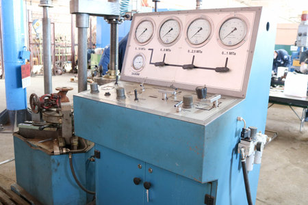 Large blue stand for hydrotesting the valve, pipeline fittings, pressure gauges, leak testing,...