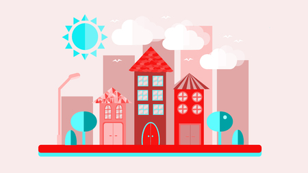 Cityscape in a flat style. The city with houses with sloping roof and various beautiful tiles with a lantern sun-shining clouds and trees on a background. Vector illustrationのイラスト素材