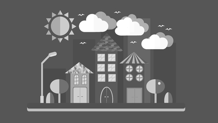 Black and white city landscape in flat style. The city with houses with sloping roof and various beautiful tiles with a lantern sun-shining clouds and trees on a blue background. Vector illustrationのイラスト素材