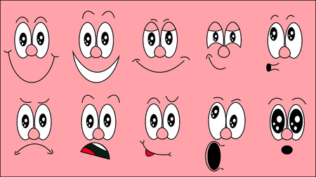A set of emoji, a set of emotions of funny faces with different emotions, joy, sadness, fear, surprise, smile, cry, doubt on a pink background. Vector illustrationのイラスト素材