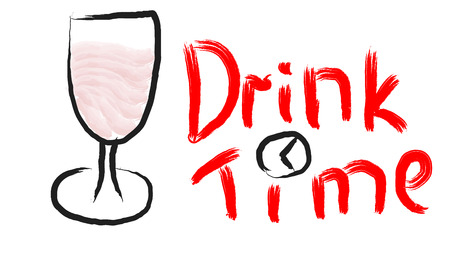 Black wine glass on a leg with red wine drawn by hand and a beautiful writing time drink with a clock painted in red on a white background vector illustration.のイラスト素材