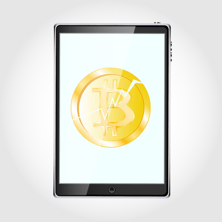 A large black realistic mobile smart touch-sensitive slim tablet computer with a broken coin bitcoin, a crypto-currency cracked isolated on a white background. Vector illustrationのイラスト素材