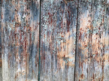 Texture of a black gray old wooden wall, a fence with pieces of old peeling, peeling paint from...