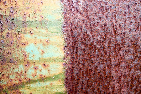 The texture is divided into half a rusty two-color reddish and yellow-green old shabby oxidized metal, iron with expanded white paint, pits and patterns, a background.の写真素材