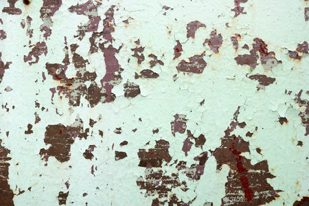 Texture of rusty two-color reddish and green old shabby oxidized metal, iron with bulbted peeling...