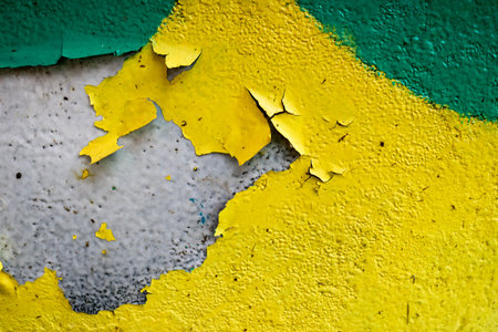 Texture of a two-color yellow and green old shabby concrete wall with bulbous peeling varicoloured paint, pits and patterns, background.の写真素材