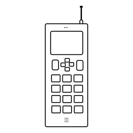Old black and white cellular big button square retro hipster vintage mobile phone with antenna painted strokes.のイラスト素材