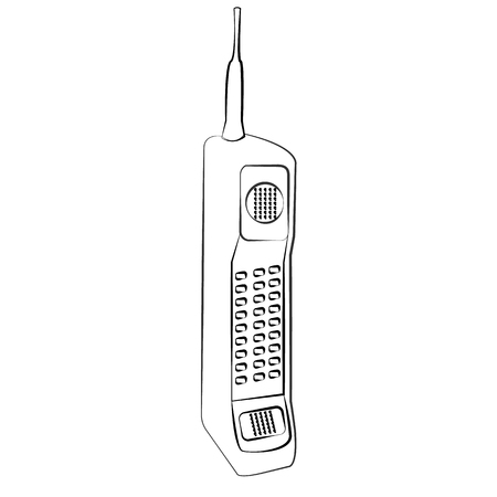 Old black-and-white bulk cellular large button square retro hipster vintage mobile phone with long antenna painted strokes.のイラスト素材