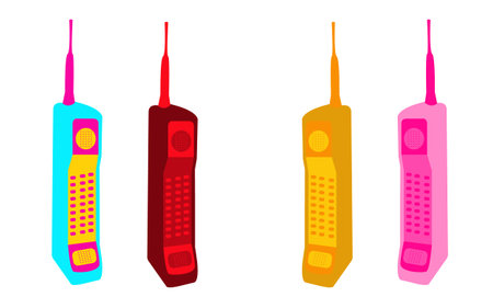 Four old multicolored button retro Hipster vintage square first mobile phones with a long antenna.のイラスト素材