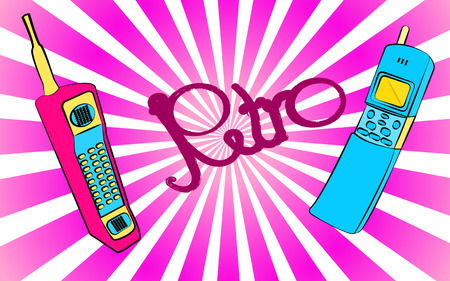 Set of  two old violet and blue retro retro vintage Hipster vintage square first mobile phones with long antenna and sliders and retro inscription on a violet background.のイラスト素材