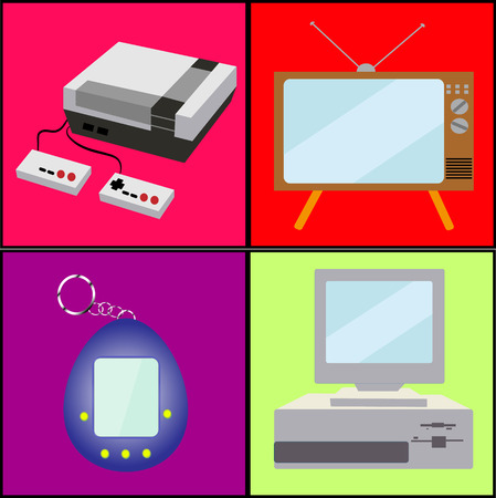 A set of old retro vintage antique hipster analog technology, electronics for video games, a prefix and a pocket toy TV and computer from the 80's, 90's on colorful backgrounds. Vector illustration.のイラスト素材