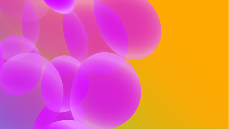 Texture of transparent violet abstract volumetric fashionable unique magic round different shapes of light beautiful air cosmic bubbles, drops on a yellow background. Vector illustration.のイラスト素材