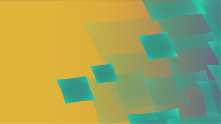 Texture of transparent turquoise abstract volumetric fashionable magic light air aerial carved circles, curved lines, squares on a yellow gradient background and copy space. Vector illustration.のイラスト素材