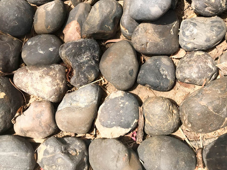 Texture of large black large round mineral natural and brown cobblestone stones on the ground with...