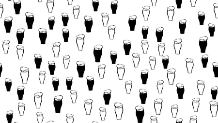Texture seamless pattern of many colored glasses of mugs with frothy beer cold light dark lager and stout porter. Pattern for the label. The background. Vector illustration.のイラスト素材