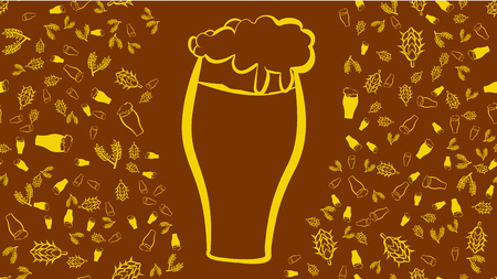 Large beer glass and texture seamless pattern of multi-colored glasses of mugs with beer light dark with branches of hop and malt plants. The background. Vector illustration.のイラスト素材