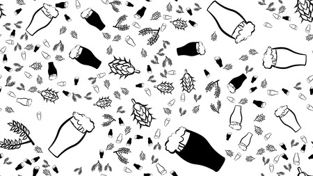 Texture seamless pattern of multi-colored glasses of mugs with foam beer light dark lager and stout with branches of hop and malt plants. The background. Vector illustration.の写真素材