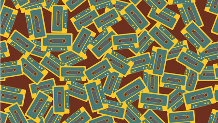 Texture seamless pattern from an old vintage retro hipster antique musical film audio cassette on a background of the 70's, 80's, 90's. The background. Vector illustration.のイラスト素材