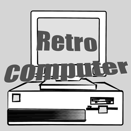 Old vintage retro hipster antique gaming desktop computer and a retro computer inscription from the 70's, 80's, 90's on a background of audio cassettes. Vector illustration.のイラスト素材