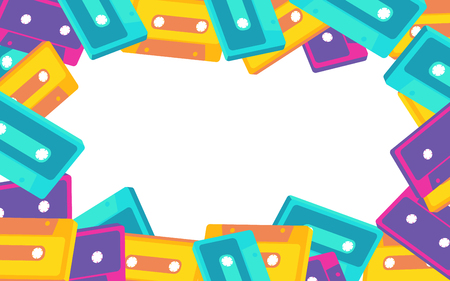 Frame from old vintage retro hipster antique stylish musical isometry voluminous audio cassette from the 70's, 80's, 90's. The background. Vector illustration. Disco poster.のイラスト素材