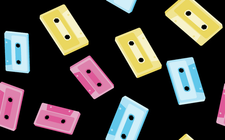 Texture, seamless pattern from old vintage retro hipster antique stylish musical isometry voluminous audio cassette from the 70's, 80's, 90's. The background. Vector illustration. Disco poster.のイラスト素材