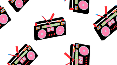 Texture seamless pattern from old vintage retro hipstersih stylish isometric music audio tape recorder for audio cassettes from the 70's, 80's, 90's. The background. Vector illustration.のイラスト素材