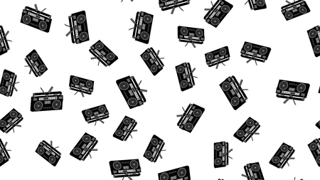Texture seamless pattern from old vintage retro hipstersih stylish isometric music audio tape recorder for audio cassettes from the 70's, 80's, 90's. The background. Vector illustration.のイラスト素材