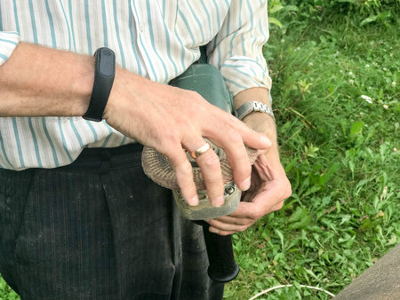 A man holds in his hand a disk of a circle used for a grinding machine for grinding and polishing surfaces from various materials: wood, metal, plastic, stone.の写真素材