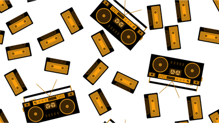 Texture seamless pattern from old vintage retro hipstersih stylish isometric music audio tape recorder for listening to audio cassettes from the 70's, 80's, 90's. The background. Vector illustration.のイラスト素材